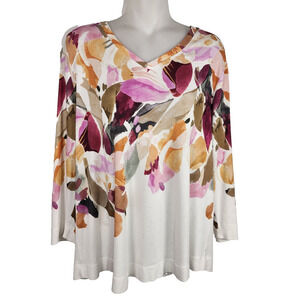 Chico's Womens Pima 3/4-Sleeve Print Tee White Multi Large Watercolor Romantic